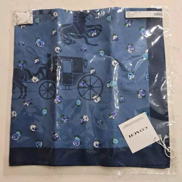 Coach C0007 Horse & Carriage Tea Rose Print Silk Bandana Pacific Blue - Picture 1 of 6